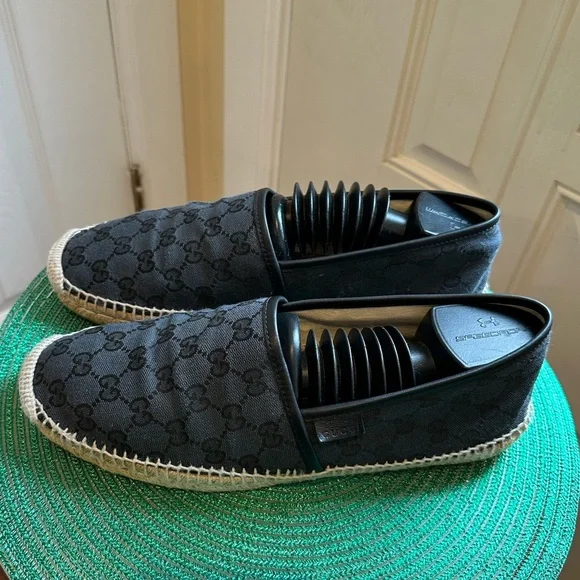 Gucci Men’s GG Canvas Leather Espadrilles Navy Made in Spain Excellent Condition